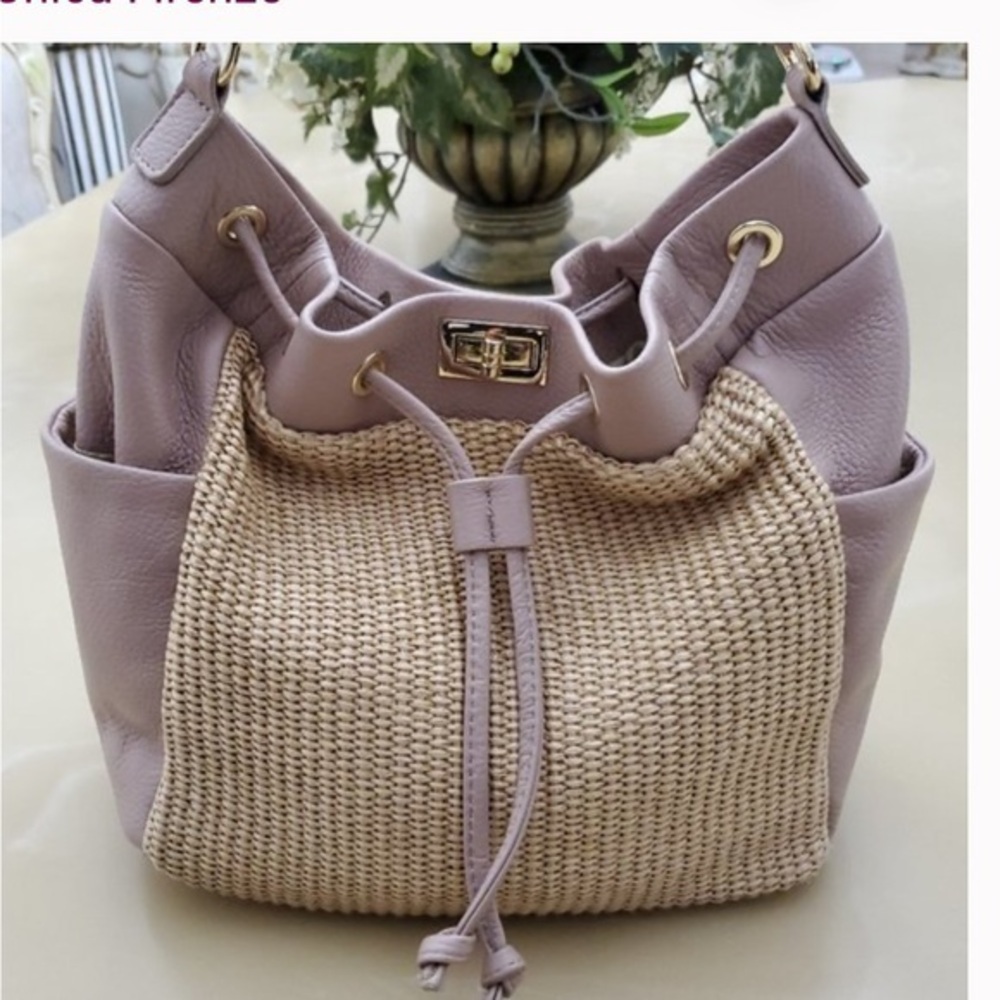Unica Firenze Made In Italy Leather Raffia Panels Bucket Hobo Bag